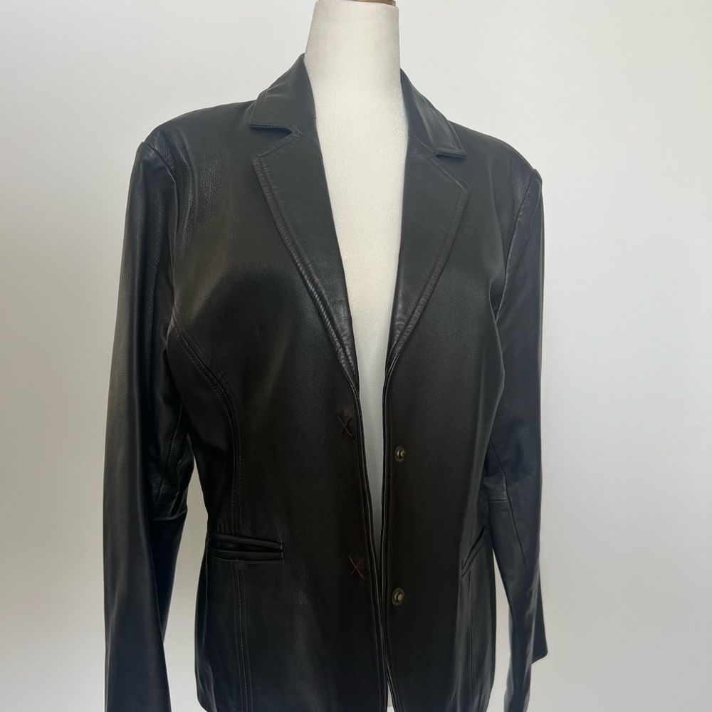 Women's RealBlack Brown Leather Jacket with Snaps and Stitch X Detailing